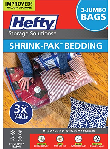 Shrink-Pak Space Bags Vacuum Storage Bags for Bedding Jumbo Compression 3 Pack Clear for Comforters Blankets (3 Jumbo/Bedding Solo)