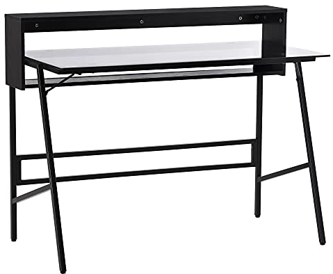 HOMCOM Computertisch Schreibtisch mit Zwei Ablagen moderner Gamingtisch mit gehärtetem Glasplatte Home-Office verstellbare Fußmatte Stahl Spanplatte Schwarz+Grau 115 x 55 x 90 cm