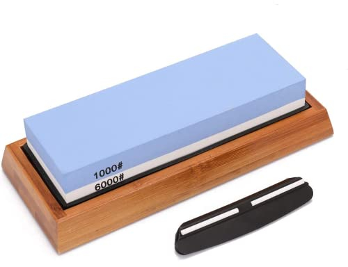 OUTLETISSIMO® Pietra per affilare coltelli affilacoltelli 1000/6000 con Base in Bamboo antiscivolo e supporto in silicone