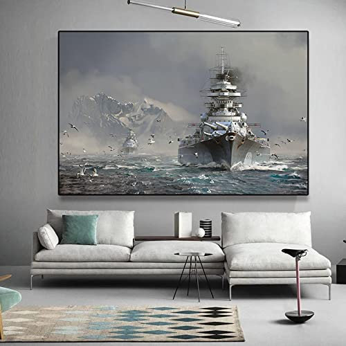 TSHAOSHUNHT Bismarck-Klasse Schlachtschiff Malerei schwarz-weiß Poster Leinwanddruck Wandkunst Bild moderne Wohnzimmerdekoration 70x100cmx1 Innenrahmen