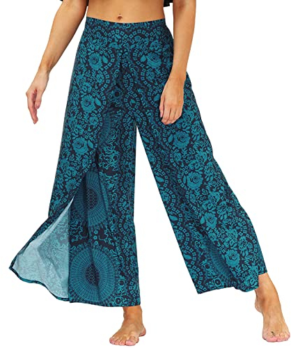 Nuofengkudu Damen High Waist Lockere Hosen mit Schlitz Weites Bein Leichte Luftige Blumenmuster Yogahosen Stoffhose Sommerhose Strandhose Freizeithose Palazzo Yoga Pants X-Rosa Dunkelblau M