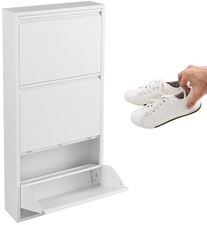 3FlexHome Metal Shoe Storage Cabinet for Hallway and Bedroom - Slim Wall Mounted Shoe Rack with Flip Down Drawers, Modern Ready Assembled Storage Cupboard, Space Saving Shoe Organiser (3 Drawer White)