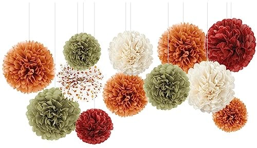 NICROLANDEE 12 Stück Seidenpapier Pompons für Herbst Party Deko, Kürbis-Orange Herbst Hochzeit Party Papier Blume Dekoration, Thanksgiving Dekoration für Zuhause, Geburtstag