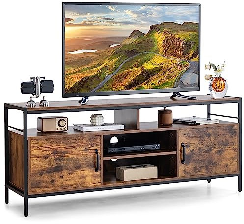 KOMFOTTEU Mueble de TV de 65 Pulgadas, Soporte para TV con 2 Puertas, Mesa Baja de Madera con Estante Ajustable, Mesa de Centro de TV para Salón, Dormitorio, Oficina, Carga 120 kg, 147 x 40 x 62 cm