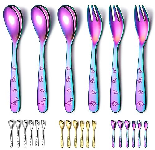 Evanda Couverts pour enfants en arc-en-ciel, revêtement arc-en-ciel titane 6 pièces ensemble de couverts pour enfants en acier inoxydable, avec fourchettes et cuillères