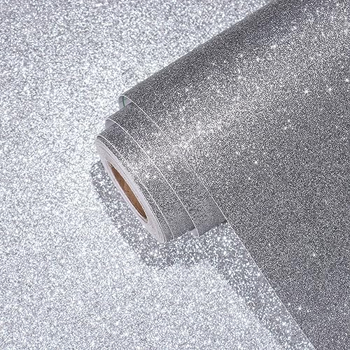 Yullpaper Silbergraue Glitzer Tapete Selbstklebend 40cm X 800cm Klebefolie Möbel Glitzer Wand Tapeten Wohnzimmer Dicke Dekofolie Möbelfolie Selbstklebend Tapete Silbergraue Folie für Schränke Tisch