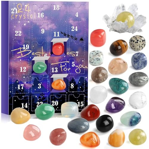 Kristall-Adventskalender 2025, Countdown bis Weihnachten mit 24 Meisterchakra-Heilsteinen und Kennzeichnungstabelle, ideal zum Lernen, Sammeln und Dekorieren, Geschenk für Erwachsene
