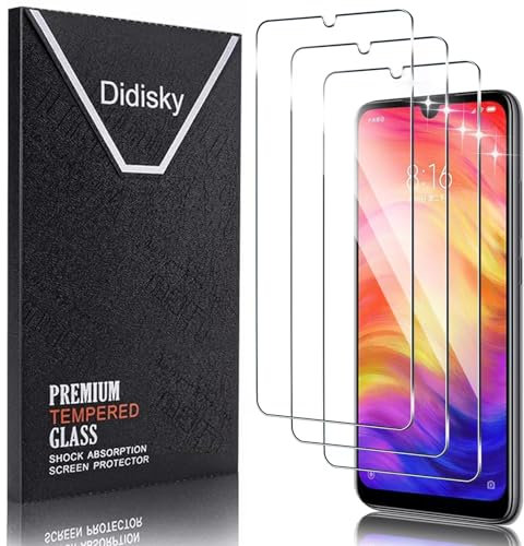 Didisky 3-Unidades Cristal Templado Protector de Pantalla para Xiaomi Redmi Note 7, Note 7 Pro, Antihuellas, Sin Burbujas, Fácil de Limpiar, 9H Dureza,Transparente