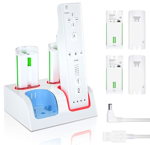 Wii Controller Charger and Rechargeable Battery - 4 Pack 2800mAh Wii Remote Battery Pack Rechargeable and Charging Station for Wii/Wii U Controller,Wii Remote Battery Charger with Charging USB Cable
