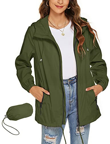 Rapbin Veste de pluie légère et imperméable pour femme, coupe-vent, fine, pliable, pour les voyages et le vélo, Vert kaki, XL