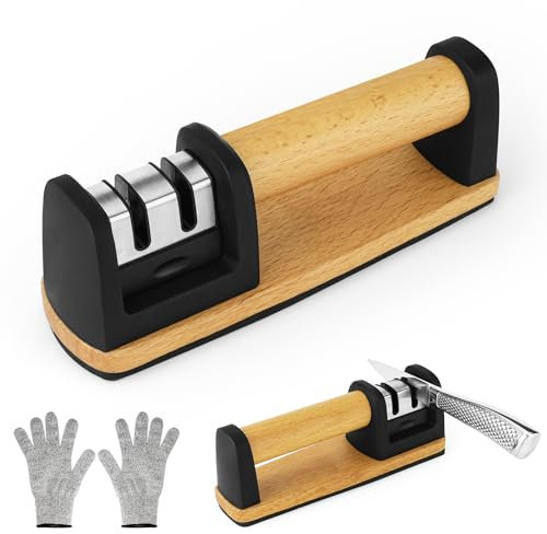Messerschärfer Profi, Messerschleifer Manuelle Messerschärfer, Mehrzweck Messerschärfer Knife Sharpener mit Holz Griffe, Antirutschfuß für schärfen polieren Küchenmesser