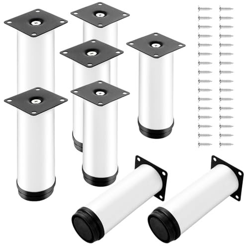 ASelected Lot de 8 Pieds Réglables Meubles Blanc, Ø 50 mm/Hauteur 150 mm Pieds de Canapé en Métal Acier Inoxydable, Pied de Table Basse pour Meubles TV Armoires Lits Postes de Travail, avec 32 Vis