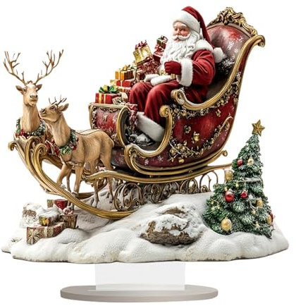 Weihnachtsmann Und Schlitten Mit Rentier Ornament, Acryl Weihnachtsmann Auf Schlitten Mit Rentieren Weihnachtsschmuck, Dekorative Weihnachtsmann Und Rentier Schlitten Figur Für Zuhause Wohnzimmer