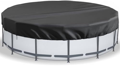 LQCOZYM Poolabdeckung Rund 366 cm – 420D Oxford Abdeckplane wasserdicht & UV-beständig – Mit Kordelzug & Bodenankern – Sommer-Schutzplane für Aufstellpools, Trampolin & Whirlpool (Schwarz, 310 cm)