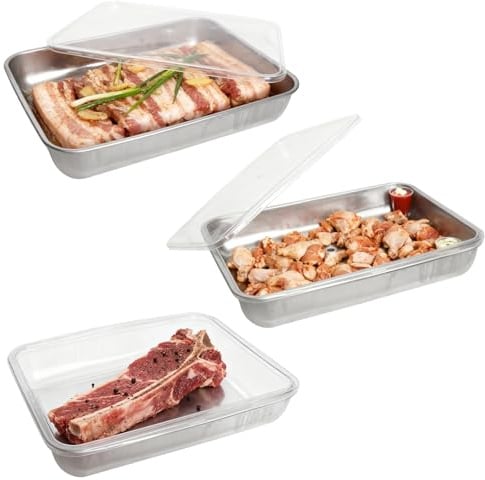 Godneei Panierschalen Set 3-teilig mit Deckel, Edelstahl Schale Backblech 25×20×5cm, stapelbar & spülmaschinengeeignet, Zutatenbehälter für Panieren, Marinieren, Aufbewahren
