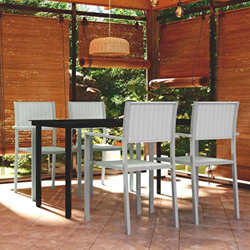 QJBSAVVA 5-TLG. Garten-Essgruppe Weiß 140x70x74 cm, Glas-Tisch, Stahlrahmen, Rattan-Look Stapelstühle, Balkon Terrasse