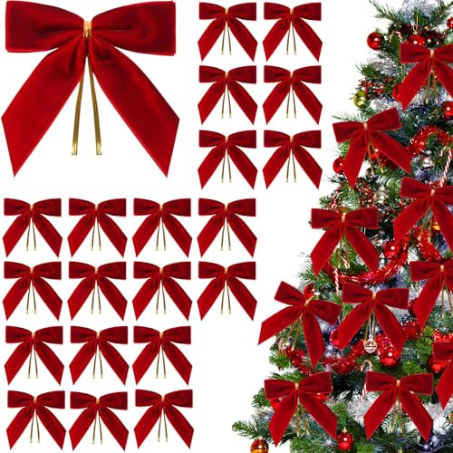 AWAVM 20 lazos rojos para árbol de Navidad, decoración de Navidad, lazos de terciopelo rojo para árbol de Navidad, decoración de árbol de Navidad con lazo de giro, decoración de Navidad, fiesta de