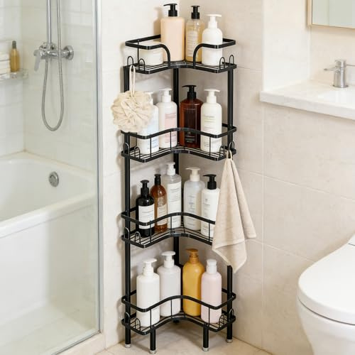 4 Etagen Duschregal Stehend, Duschablage ohne Bohren Ecke mit 16 Haken | Freistehende Eckregal Dusche, Höhe 107 cm, Verstellbare Fußpolster für Badezimmer-Schwarz