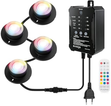 Teichbeleuchtung LED Unterwasserbeleuchtung mit Niedervolt Transformator Farbe ändernde Gartenbeleuchtung IP68 Wasserdicht für Garten, Patio, Baum, 5m Kabel, mit Fernbedienung, Schrauben, 4 Stück