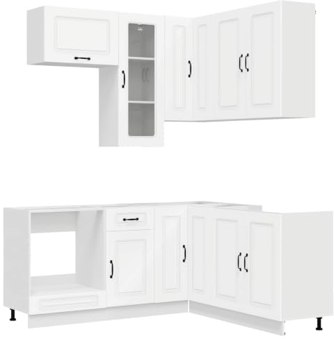 XHNIFBN Küchenzeile Kalmar 8-teilig, Einbauküche Set ohne Arbeitsplatte, modularer Küchenblock mit Eckschrank, Hängeschränken und Schubladen, Holzwerkstoff, Weiß