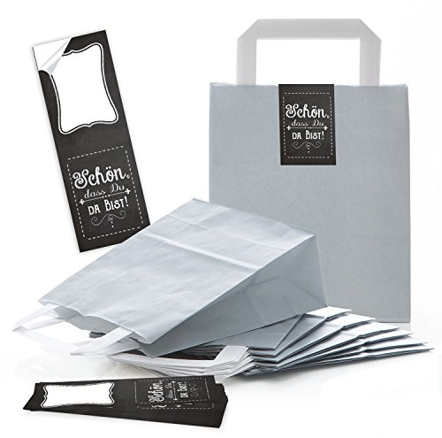 Logbuch-Verlag 25 kleine Gastgeschenk give-away Kunden Verpackung Papiertüten Geschenktüten Papiertragetasche SCHÖN DASS DU DA BIST 18 x 8 x 22 schwarz grau silber Hochzeit Fest