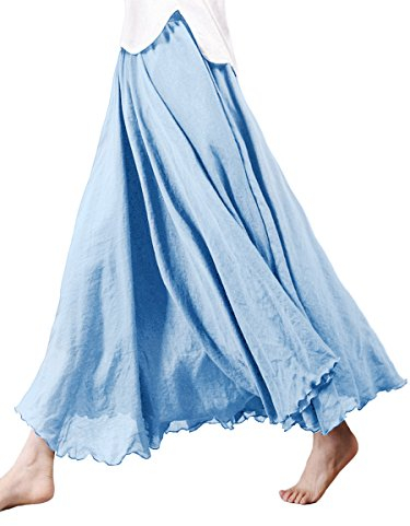 Damen Baumwolle Lange Rock Tellerrock Maxirock Doppelt Genäht Elastischer Bund - Einfarbig Himmelblau Länge 85cm