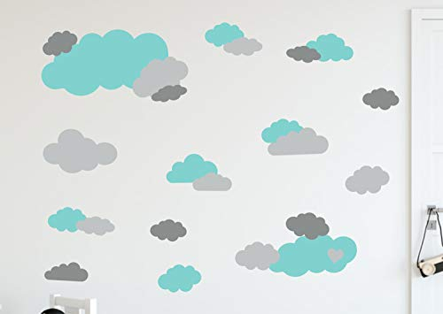 timalo® 35 Stück Wandtattoo Kinderzimmer XL Große Wolken Himmel Pastell Wandsticker – Aufkleber Wolkenset | 73091-SET7-35 | mint hellgrau grau