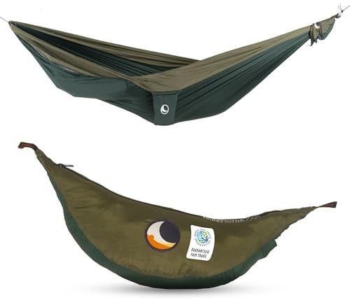 Fallschirmhängematte King Size - Original seit 1996 | DUNKELGRÜN/ARMEEGRÜN | Groß und Komfortabel | 320 x 230 cm, nur 700 g | Schneller Aufbau < 1min | Camping, Hängematte
