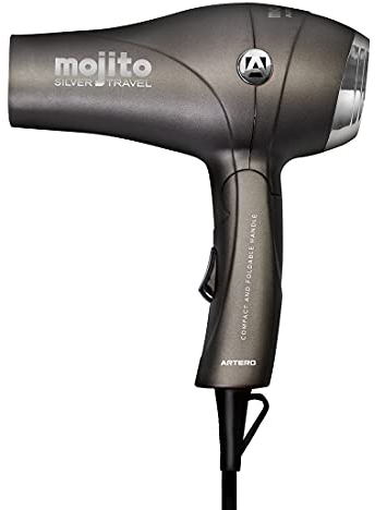 ARTERO Mojito - Secador de Pelo de Viaje, Plegable. con difusor, Boquilla y Funda. 1000W de Potencia. (Silver)