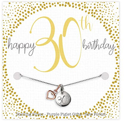 Gift Card 30th Birthday Sterling Silver Necklace Gifts For Women With Engraved Disc & Rose Gold Heart Pendant Present Gift Box Chain 18 Inch Jewellery