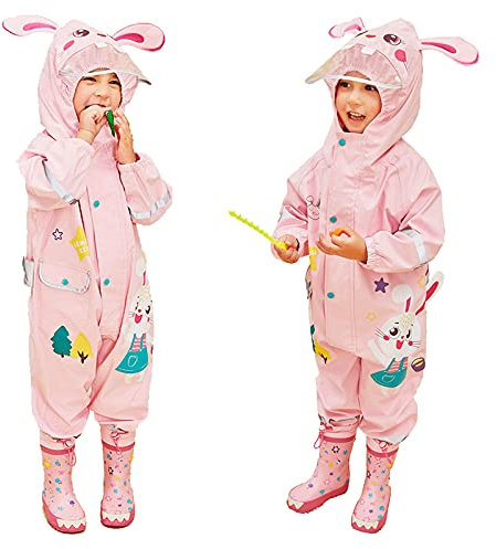 JinBei Matschanzug Mädchen Kinder Regenanzug Regenjacke Regenmantel mit Kapuze Tasche Regenkleidung Overall Wasserdicht Atmungsaktiv Leicht Matschanzug 1-2 Jahre, 3D Rosa Hase Muster