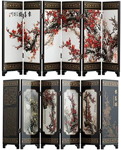 Luxuypon Paravent pliable de petite taille, 6 panneaux d'art chinois traditionnel pour décoration de maison, décoration de bureau, mini séparateur (fleur de cerisier)