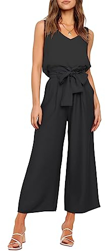 FANCYINN Damen 2 teiliges Crop Pants Set mit weitem Bein Wide Strap V-Ausschnitt Tank High Waist Cropped Paper Bag Hose mit Gürtel Schwarzes Top und Hose mit weitem Bein L