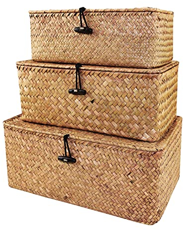 Aufbewahrungskorb aus geflochtenem Rattan, Rattan Korb mit Deckel,Aufbewahrungsbox mit Deckel, Natur Seegras, Wäschekörbe, Make-up-Organizer für Badezimmer, Wohnzimmer, Küche