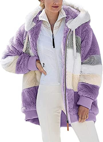 Nsercvb Fleecejacke Damen,Winterjacke Damen Teddy Fleece Mantel Warm Gefüttert Winter Kapuzenpullover Flauschig Plüschjacke Sweatshirt mit Kapuze und Taschen Reißverschluss Winterjacke Oversize, XL
