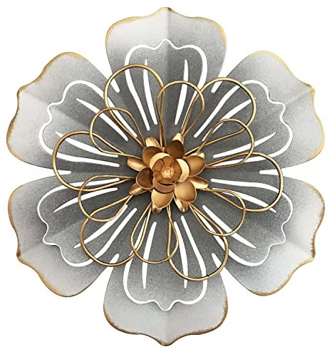 Picfarce Metallblumen-Wandkunst, 24.1 cm, rustikale, moderne Blumenskulptur, abgenutzte Eisen-Wandbehang, Heimdekoration, Akzentkunstwerke für Innenbereich, Küche, Schlafzimmer, Gold (06,Grau & Gold)