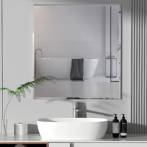 Warmiehomy Frameless Bathroom Mirror Rectangle Adhesive or Hanging Wall Mirror 2 in 1 with Bevelled Edge for Bathroom Bedroom Living Room(50 x 60 cm)