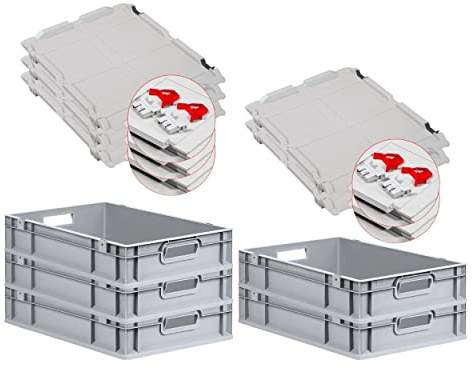 PROREGAL SuperSparSet 5x Eurobox NextGen Grip mit Scharnierdeckel und roten Schiebeschnappverschlüssen, HxBxT 12x40x60cm, 23 L, Grau, Griffe offen, Eurobehälter, Transportbox