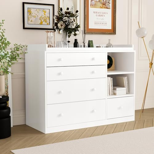 Table à langer, commode à langer ，meuble à langer, étagère à langer avec 5 tiroirs, soins pour bébé, meubles pour bébé, chambre à coucher, blanc, MDF