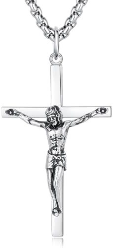 FANCIME Jesus Kruzifix Kreuz Kette 925 Sterling Silber Weiß Vergoldet Kreuz Anhänger Edelstahl Kette für Herren Jungs Kinder - Kettenlänge: 60 cm