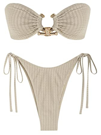 ZAFUL Bandeau-Bikini-Set mit Metallringen, seitlich zum Binden, hoher Schnitt, 2-teiliger Badeanzug mit Cut-Out-Bademode, Beige, S