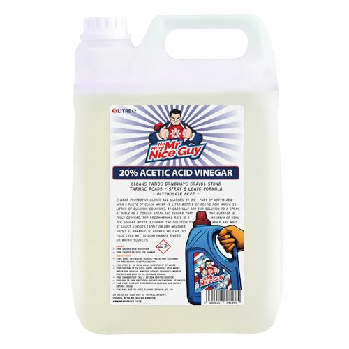 Vinaigre d'acide acétique 20 % 5 L – Pour désherbant et désherbant – Nettoie les patios, allées, gravier, pierre, goudron – Formule spray et laisse – 5 litres pour 20 litres – Sans glyphosate No More