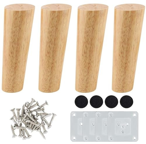 4 Pcs 15cm Pieds de Canapé Bois Massif avec Plaque de Montage et Vis, Pieds de Meuble Bois de Rechange, Pieds de Meuble Bois Incliné, Pieds de Table en Bois Conique Massif, pour Lit Armoire et Chaises