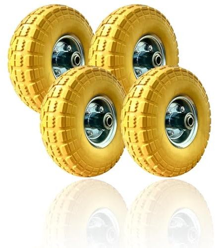 YORKSHIRE HOMEWARE Pack of 4 10 Inch 4.10/3.50-4 Solid Yellow PU Puncture Proof Tyre Pneumatic Wheelbarrow Wheels Sack Truck Trolley Wheel PU Foam Filled Sack for Truck Hand Cart Tyre 16mm Bearing