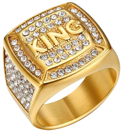 JewelryWe Ring Herren Zirkonia Siegelring: Gold Edelstahl Herren-Ring mit Buchstaben KING und Glitzer Zirkonia Männer Hip Hop Punk Bandring Siegelringe Biker Band mit Gravur Größe 70