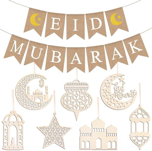 iZoeL Eid Ramadan Mubarak Deko, Eid Ramadan Mubarak Banner Sterne Mond hölzerne Eid-Anhänger Mubarak Dekoration zum Aufhängen an Wänden Fenstern Bäumen