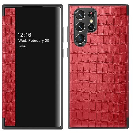 HBYLEE Handyhülle Für Samsung Galaxy S23ultra/S23plus/S23, Smart Clear View Fenster Magnetische Slim Mirror Hülle, Leder Flip Stoßfest Schutzhülle Case,Rot,S23+ 6.6