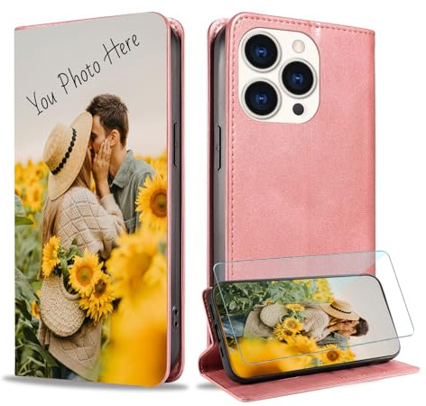 TIANDIMY Personalized Custom Photo Leather Wallet Flip Phone Case for iPhone 13,Custom Picture Image Name on Leather Side Flip Stand Cover for iPhone 13