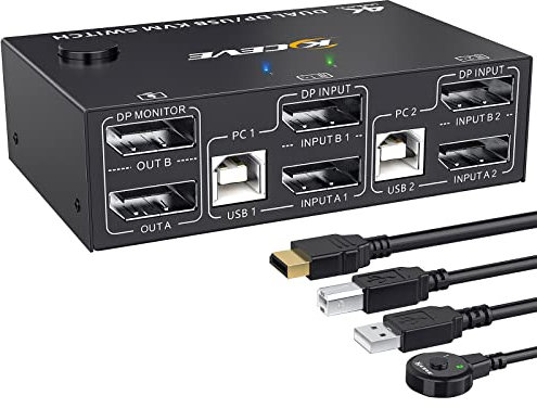 YOUTINGHDAV KVM Switch 2 Monitors 2 Computer Displayport 1.4, USB KVM Switch Dual Monitor 4K@144Hz for 2 Computer Share Keyboard Mouse, with Wired Remote