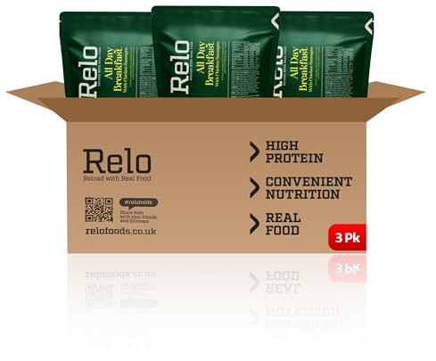 Relo All Day Breakfast | 350g Ready-to-Eat Survival Food Pouches | Camping Food Pouches with High-Protein (41g), High-Fibre, Low-Fat, Low-Sugar, Low-Cal, Low-Carb, Keto-Friendly (3 Pack)